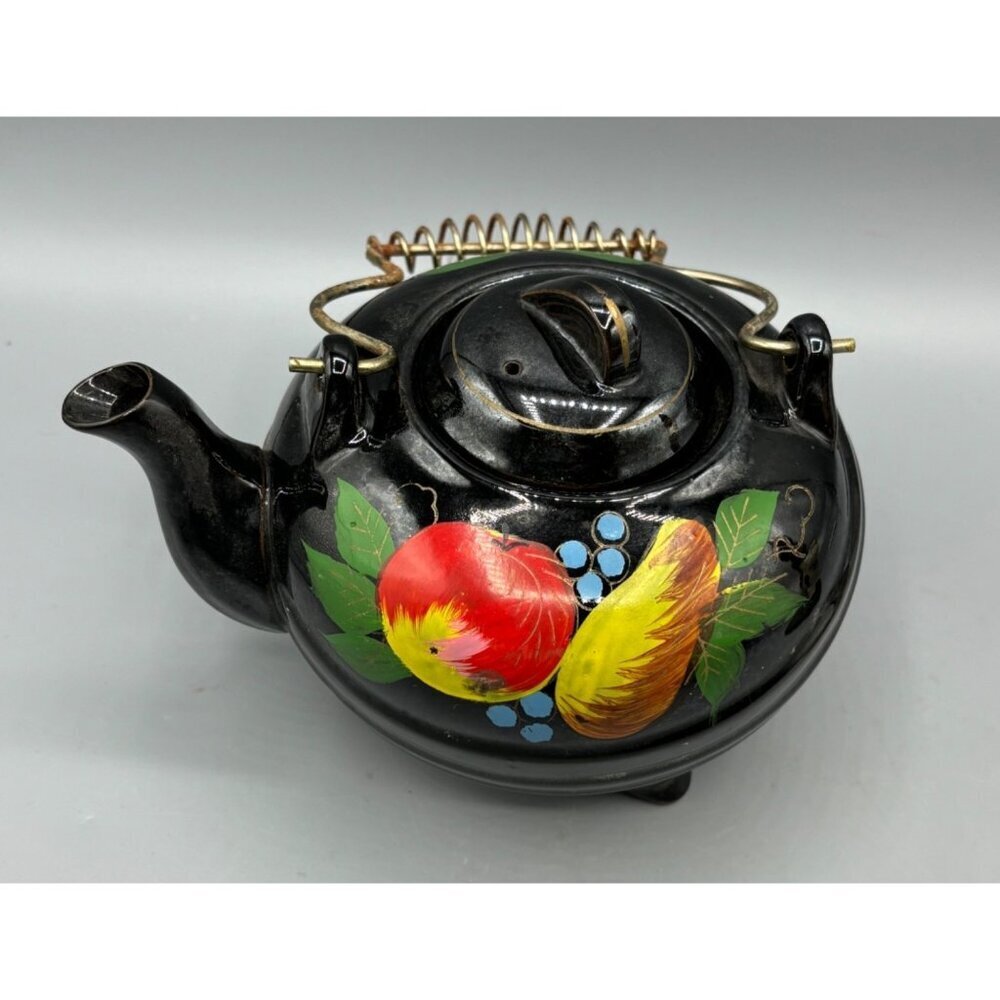 Vtg Wales Black Teapot With Hand Painted Fruit‎ Design Coiled Metal Handle
